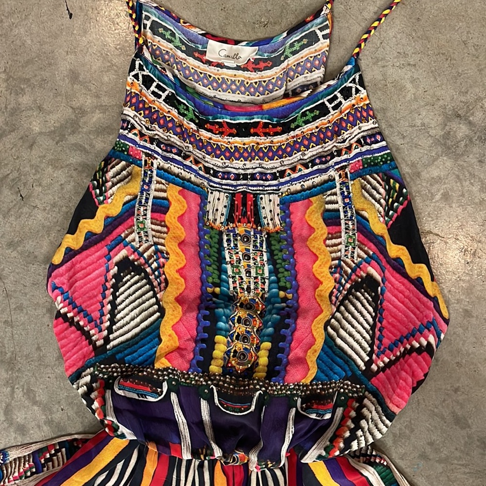 Camilla Shoestring Multi Color Silk Rhinestone Romper sz L - Picture 3 of 9